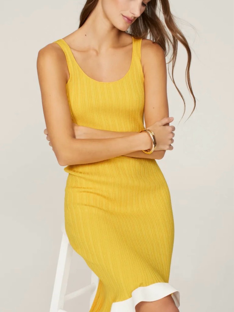 Yellow Ribbed Midi Dress | Sleeveless Bodycon Knit | Size M